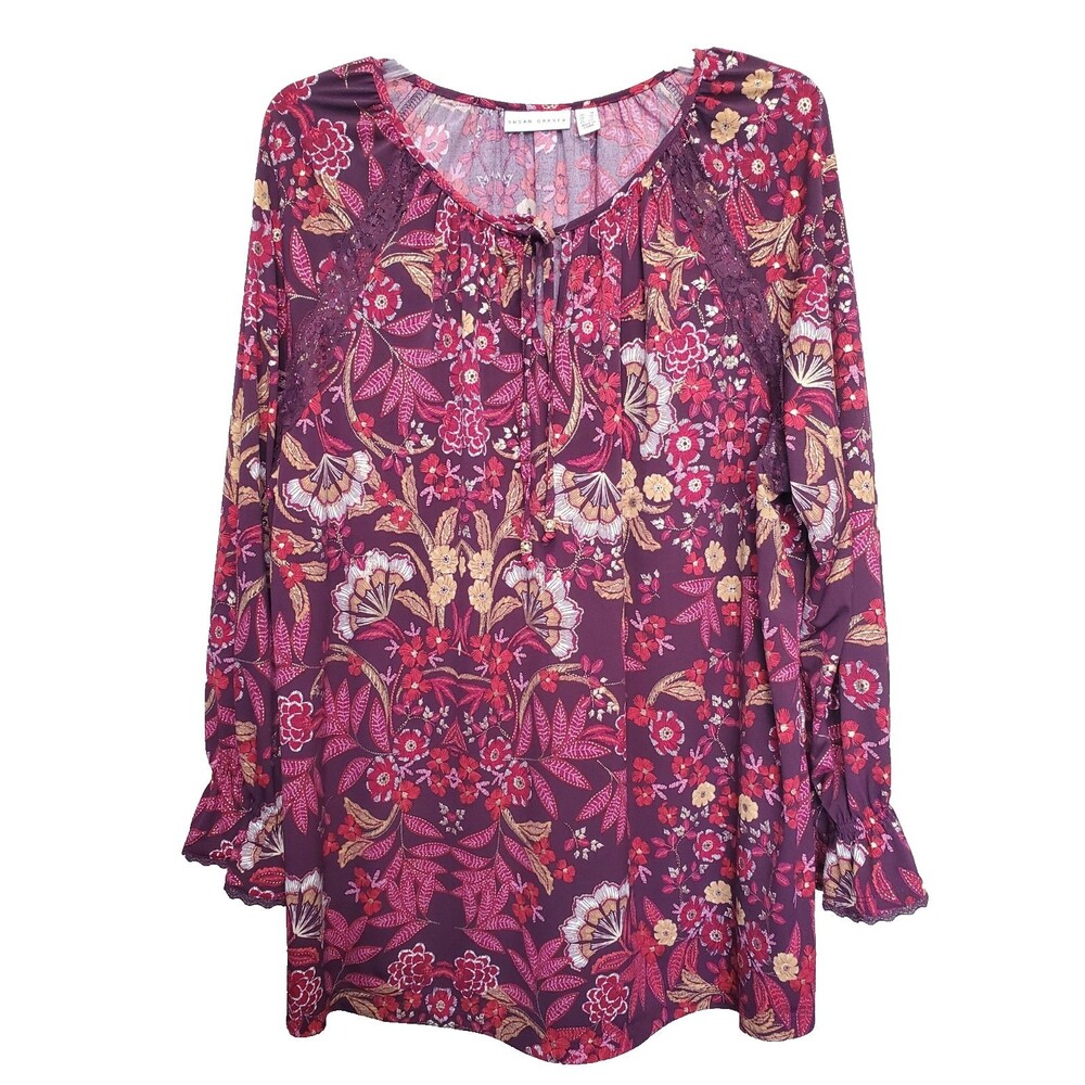 Susan Graver LiquidKnit Floral Paisley Smocked Cuff Tie-Neck Tunic Size 1X Boho